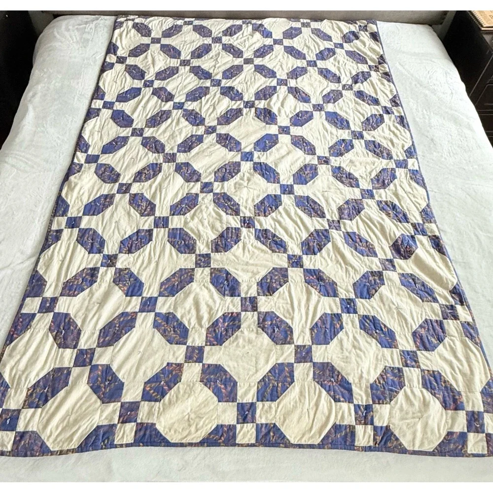 VTG Handmade Patchwork Quilt Throw Twin Purple Cream Tied Cottagecore 1990